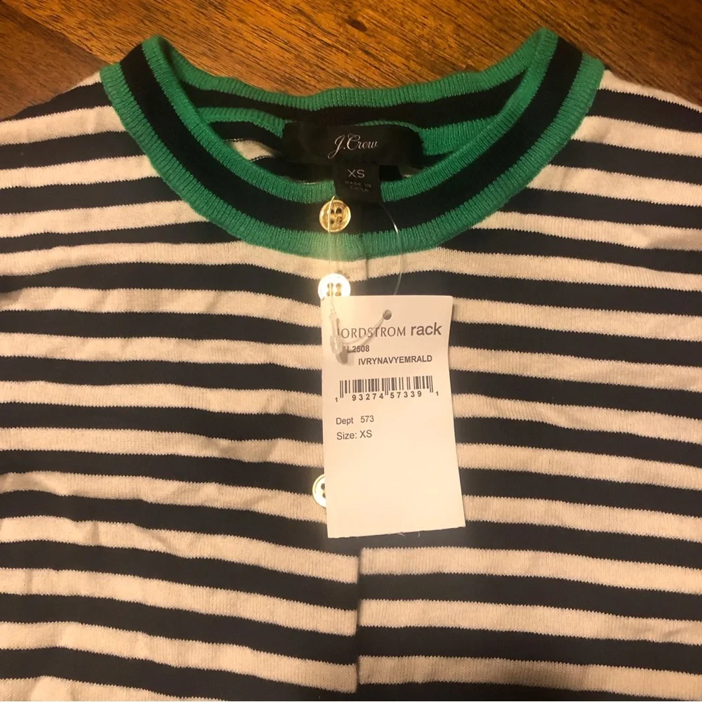 NEW J. Crew Tipped Caryn Striped Cardigan in Navy/Ivory/Green - size XS!